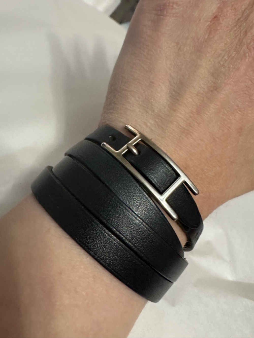 Hermès AUTHENTIC Silver & Black Leather Behapi Api Double Tour Bracelet - Picture 4 of 16